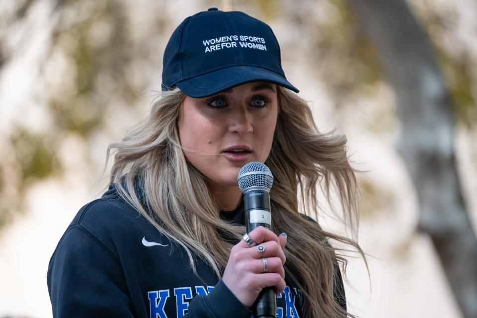 Riley Gaines speaks at supporters at Independent Women’s Forum's "Our Bodies, Our Sports: We Won't Back Down" rally outside Phoenix City Hall on Jan. 11, 2024, in Phoenix.