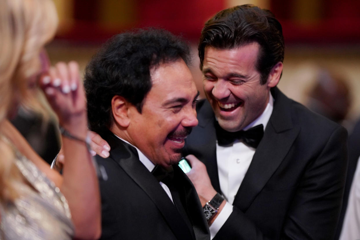 MILAN, ITALY - SEPTEMBER 23: FIFA Legends Santiago Solari (R) of Argentina  and Hugo Sanchez share a joke during The Best FIFA Football Awards 2019 at Teatro alla Scala on September 23, 2019 in Milan, Italy. (Photo by Simon Hofmann - FIFA/FIFA via Getty Images)