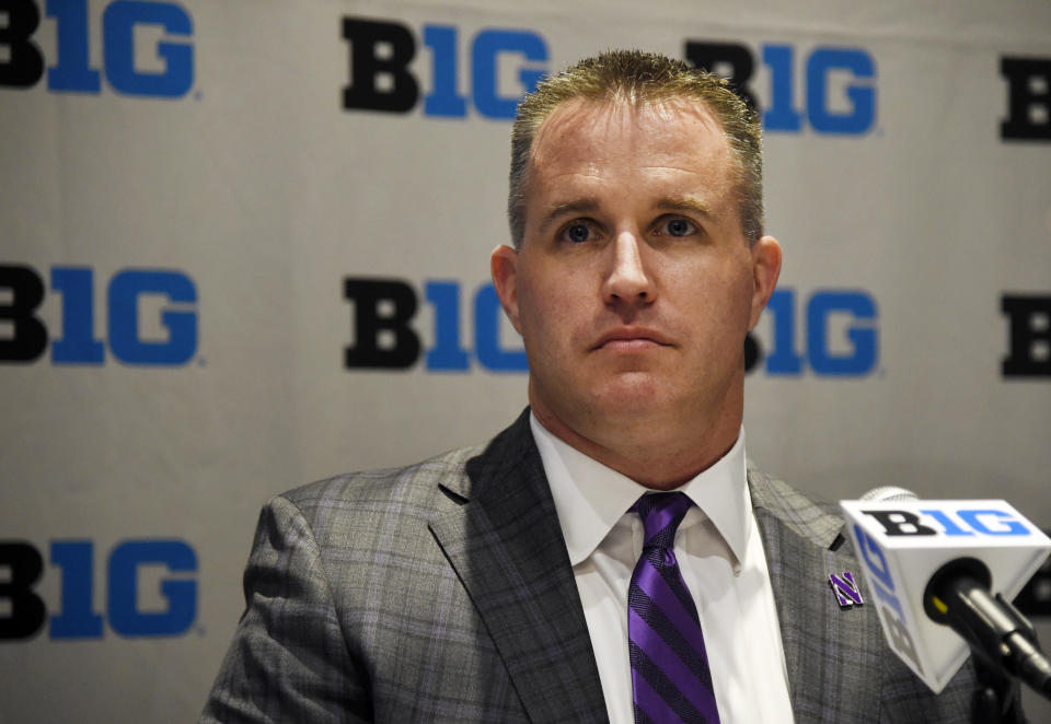 Northwestern head coach Pat Fitzgerald speaks at the Big Ten Conference NCAA college football Media Days in Chicago, Monday, July 23, 2018. (AP Photo/Annie Rice)