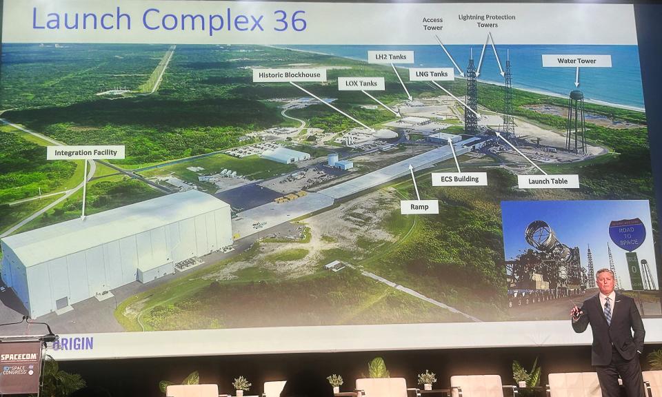 Lars Hoffman, Blue Origin vice president for national security sales, discusses a map of Launch Complex 36 during a Feb. 1 SpaceCom presentation at the Orange County Convention Center in Orlando.