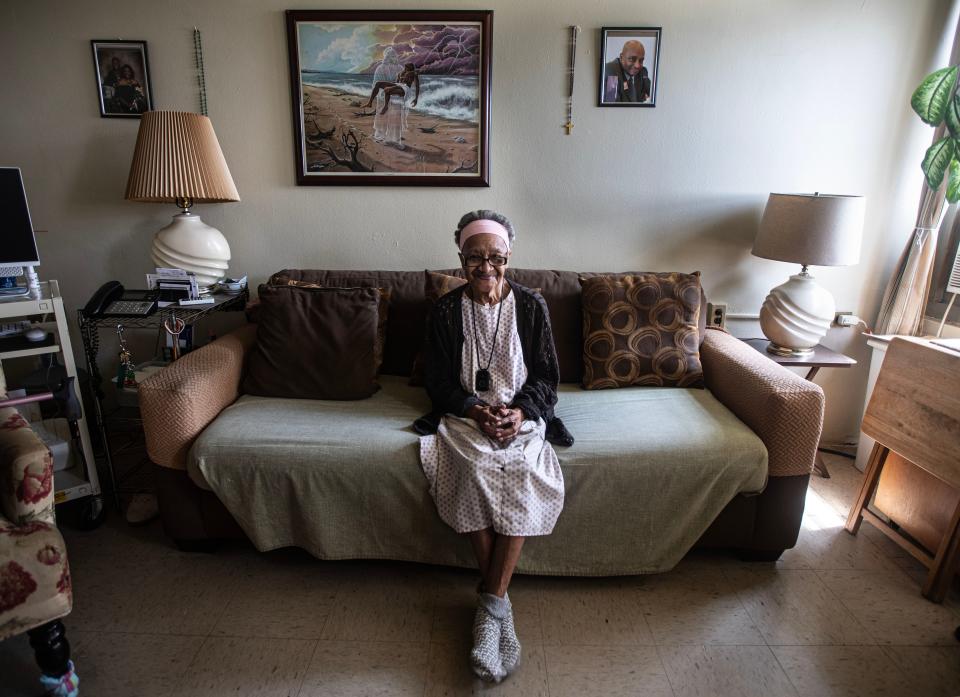 Jewel Floyd, 77, sits in the living room of her New York City Housing Authority apartment in the Bronx July 27, 2023. Floyd, who suffers from numerous medical conditions including vertigo, diabetes, and recently diagnosed lung cancer, has had to close off the bedroom in her apartment and live entirely in her living room because of how hot her bedroom has gotten during the recent days and nights of extreme high temperatures.