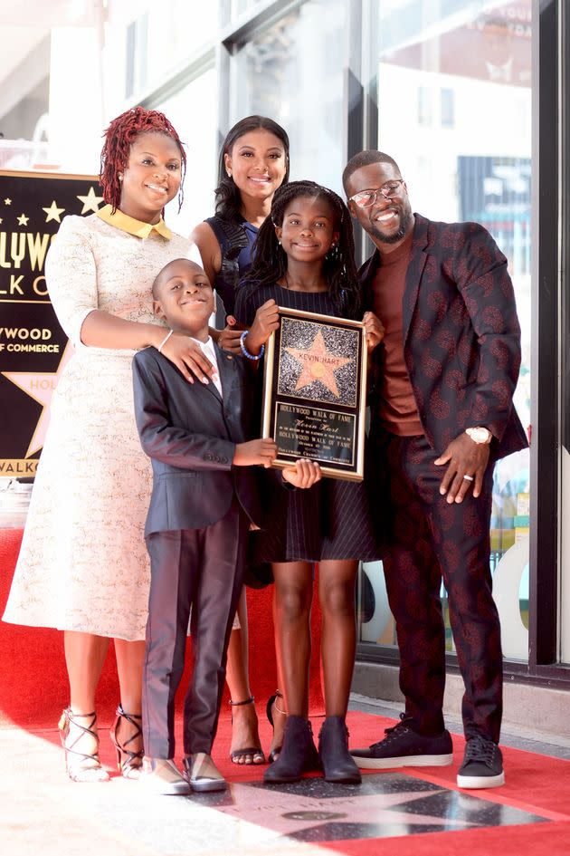 Torrei, Hendrix, Eniko, Heaven and Kevin Hart are photographed as the comedian is honored with a star on the Hollywood Walk of Fame on Oct. 10, 2016, in Los Angeles.