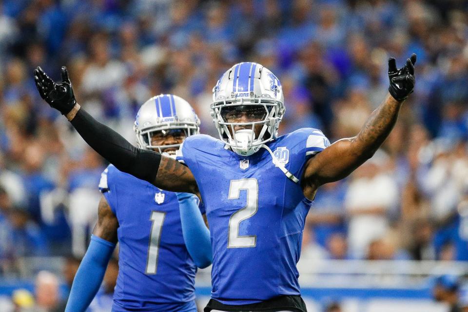 Detroit Lions safety C.J. Gardner-Johnson (2) waves at the crowd during the second half against Seattle Seahawks at Ford Field in Detroit on Sunday, Sept. 17, 2023.