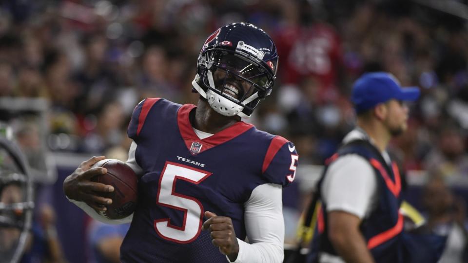 Houston Texans quarterback Tyrod Taylor rushes against the Tampa Bay Buccaneers in a preseason game.