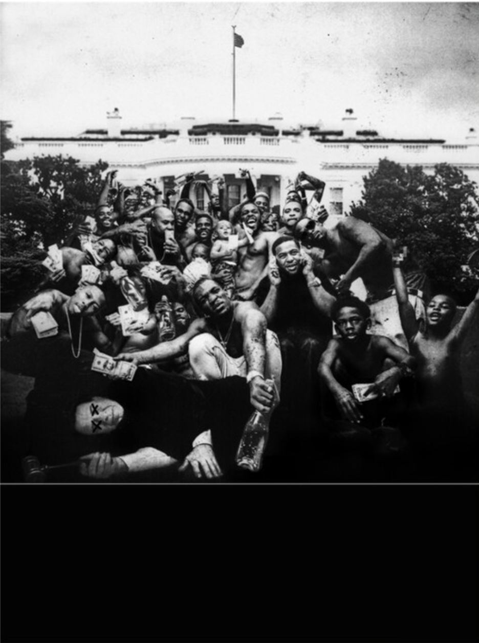 black and white poster with people in front of white house