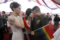 Lesbian couple Yi Wang, right, and Yumi Meng reacts for joy during a military mass weddings ceremony in Taoyuan city, northern Taiwan, Friday, Oct. 30, 2020. Two lesbian couples tied the knot in a mass ceremony held by Taiwan's military on Friday in a historic step for the island. Taiwan is the only place in Asia to have legalized gay marriage, passing legislation in this regard in May 2019. (AP Photo/Chiang Ying-ying)