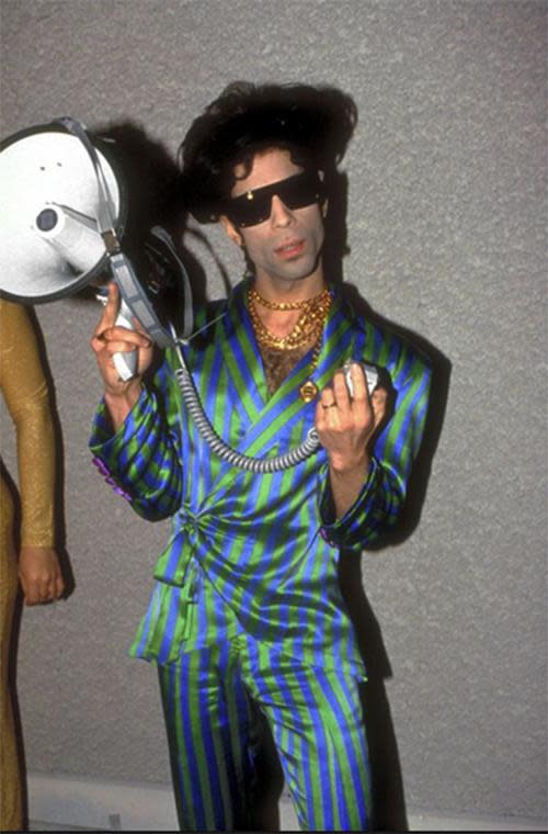 Prince making a statement with his clothes — and a bullhorn.