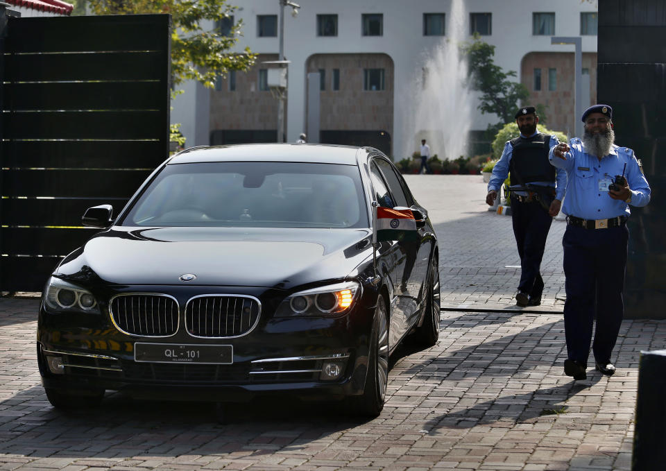 A vehicle carrying an Indian diplomat leaves the foreign ministry following a meeting with Kulbhushan Jadhav, an imprisoned Indian convicted of spying, in Islamabad, Pakistan, Monday, Sept. 2, 2019. Pakistan has granted rare consular access to Jadhav who faces the death penalty in a case that's been a source of friction between the nuclear-armed neighbors who have recently seen tensions between them escalate further over disputed Kashmir. (AP Photo/Anjum Naveed)