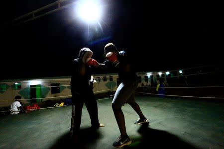 Arafat Abkar (R), 22, practises boxing at the Nile Club in Khartoum May 9, 2016. REUTERS/Mohamed Nureldin Abdallah