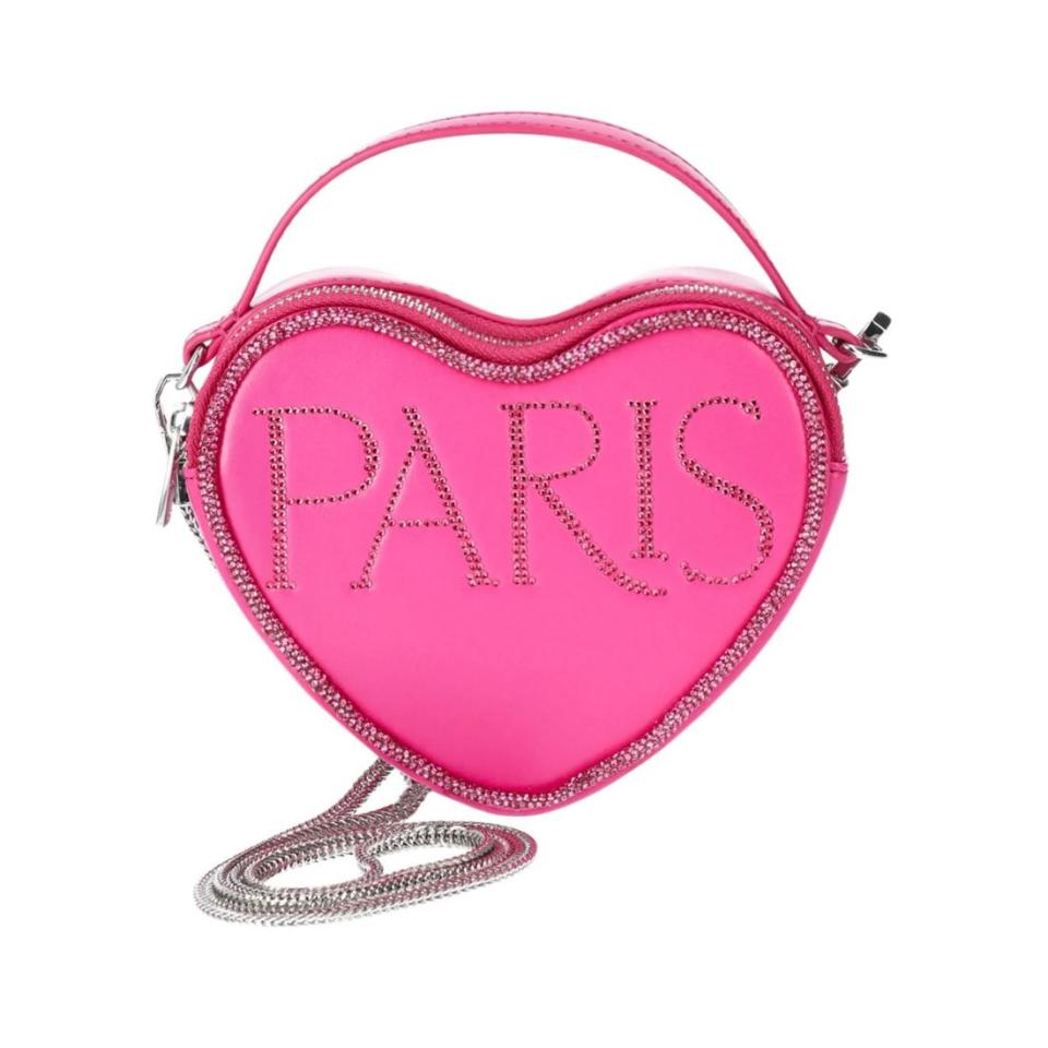 hot pink bedazzled heart-shaped purse that says "paris"