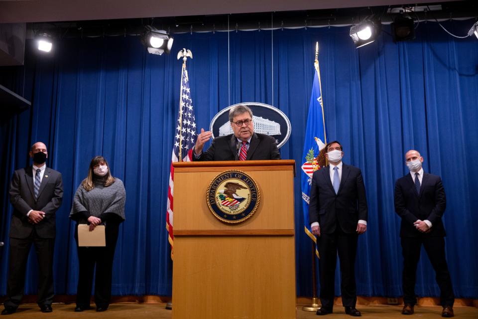 US Attorney General Bill Barr holds a news conference on 21 December 2020 (Getty Images)