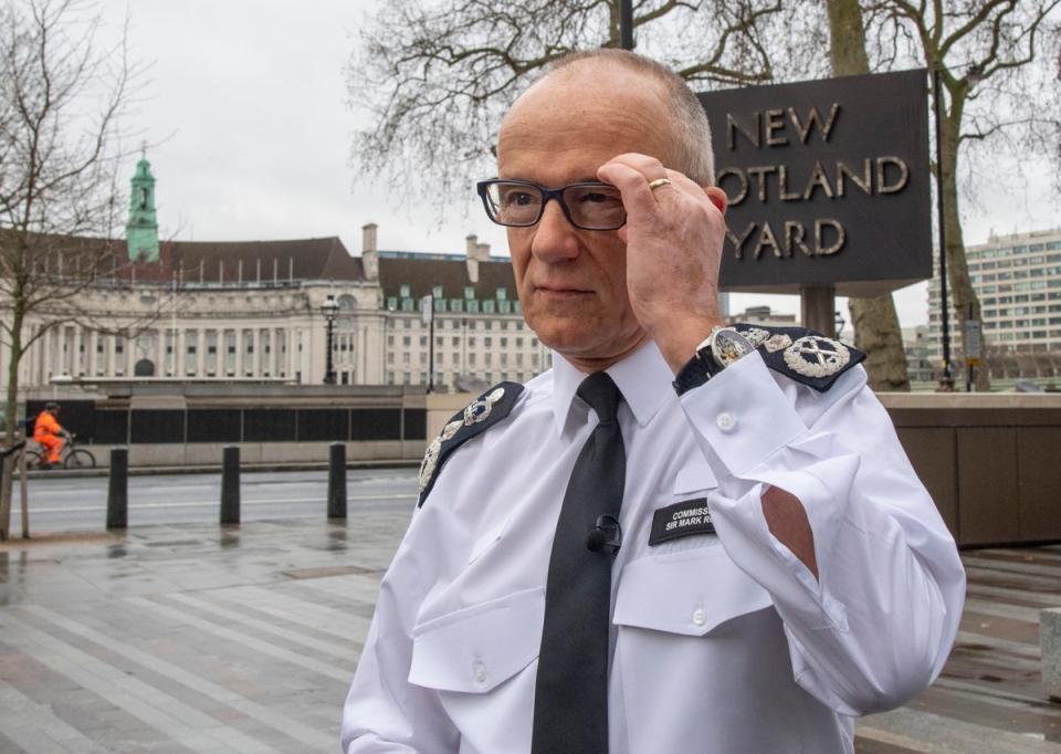 Commissioner of the Metropolitan Police Sir Mark Rowley talks to reporters at New Scotland Yard on Tuesday (Jeremy Selwyn)