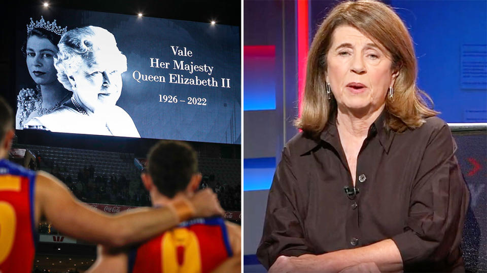 Footy journalist Caroline Wilson is pictured here alongside a photo of an AFL tribute to the late Queen Elizabeth II.