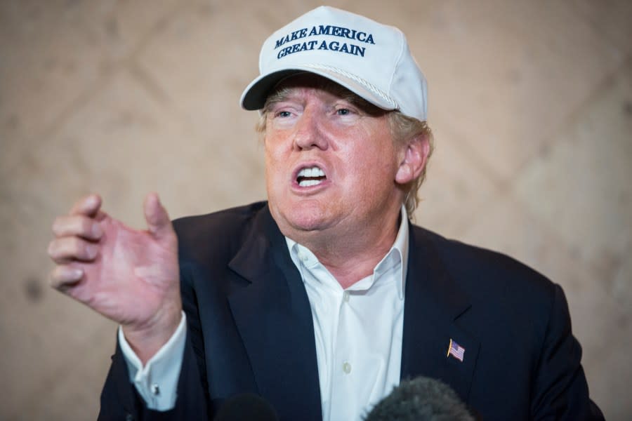 LAREDO, TEXAS – JULY 23: Republican Presidential candidate and business mogul Donald Trump talks to the media at a press conference during his trip to the border on July 23, 2015, in Laredo, Texas. (Photo by Matthew Busch/Getty Images)