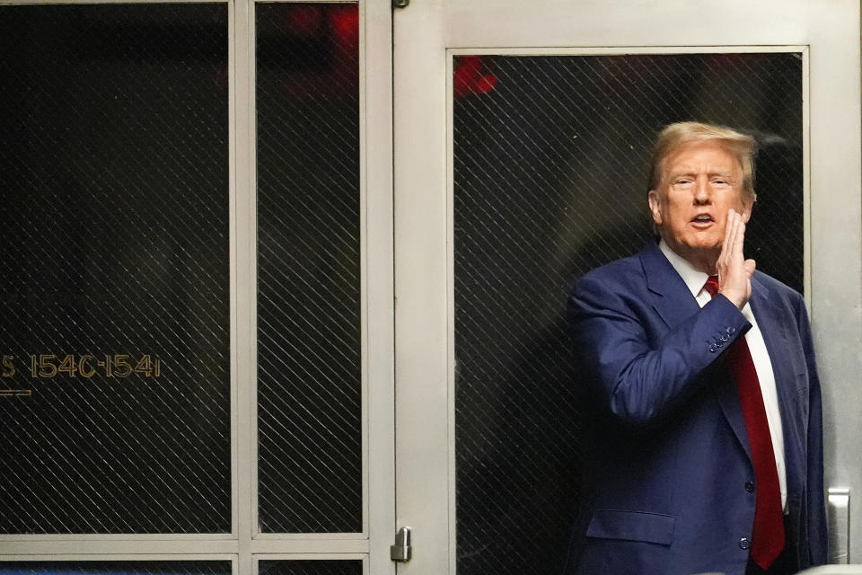 Former President Donald Trump comments as he leaves a pre-trial hearing during a recess with his defense team at Manhattan criminal, Monday, March 25, 2024, in New York. A judge will weigh on Monday when the former president will go on trial. (AP Photo/Mary Altaffer, Pool)