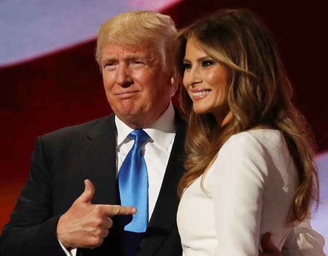 CLEVELAND, OH – JULY 18: Presumptive Republican presidential nominee Donald Trump gestures to his wife Melania after she delivered a speech on the first day of the Republican National Convention on July 18, 2016 at the Quicken Loans Arena in Cleveland, Ohio. An estimated 50,000 people are expected in Cleveland, including hundreds of protesters and members of the media. The four-day Republican National Convention kicks off on July 18. (Photo by Joe Raedle/Getty Images)