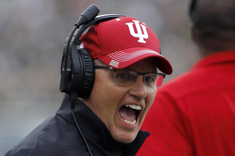 FILE- In this Sept. 28, 2019, file photo, Indiana coach Tom Allen reacts during the first half of an NCAA college football game against Michigan State in East Lansing, Mich. Tennessee and Indiana are both in a bowl game for the first time in three years. It's progress for respective head coaches Jeremy Pruitt and Tom Allen. (AP Photo/Al Goldis, File)