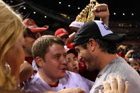 ST LOUIS, MO - OCTOBER 28: World Series MVP David Freese #23 of the St. Louis Cardinals celebrates after defeating the Texas Rangers 6-2 to win Game Seven of the MLB World Series at Busch Stadium on October 28, 2011 in St Louis, Missouri. (Photo by Dilip Vishwanat/Getty Images)