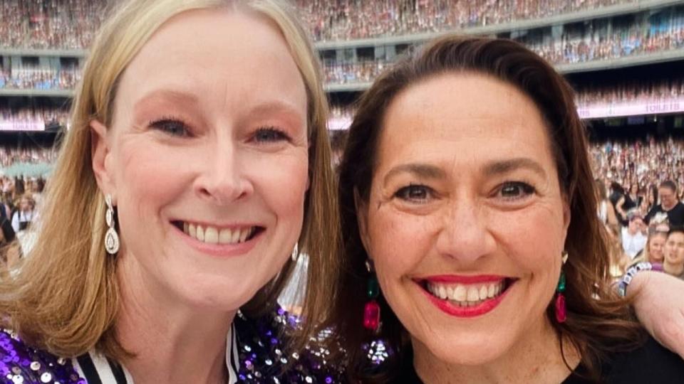 Fellow ABC host Leigh Sales alongside Millar at the Taylor Swift concert in Melbourne.