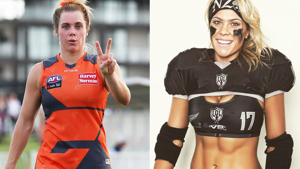 Jacinda Barclay is pictured here in her AFLW uniform and also her American football gear.