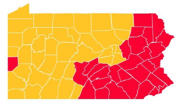 By May 15, there will be 37 counties that will have transitioned from the "red" to "yellow" phase of Governor Tom Wolf's color-coded plan.