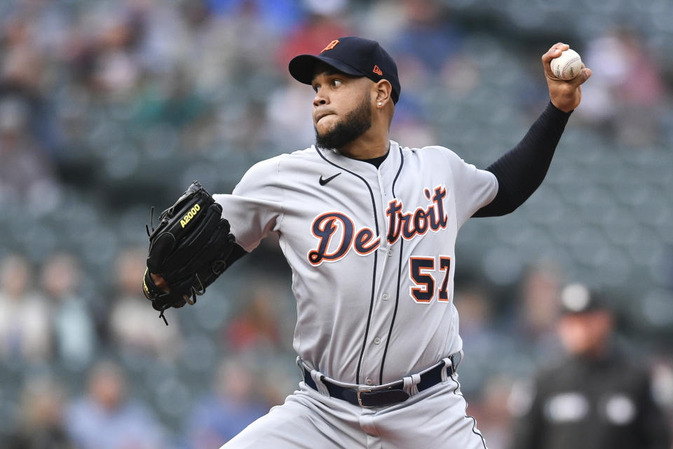 Detroit Tigers starting pitcher Eduardo Rodriguez throws to a Seattle Mariners batter during the first inning of the first baseball game of a doubleheader, Tuesday, Oct. 4, 2022, in Seattle. (AP Photo/Caean Couto)