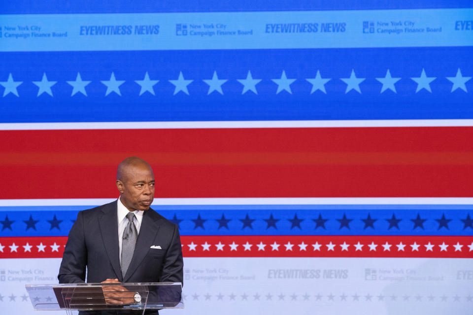 Eric Adams, Brooklyn borough president and Democratic candidate for New York City mayor, speaks during a debate with Republican mayoral candidate Curtis Sliwa at the ABC-7 studios in New York, Tuesday, Oct. 26, 2021. (Eduardo Munoz/Pool Photo via AP)