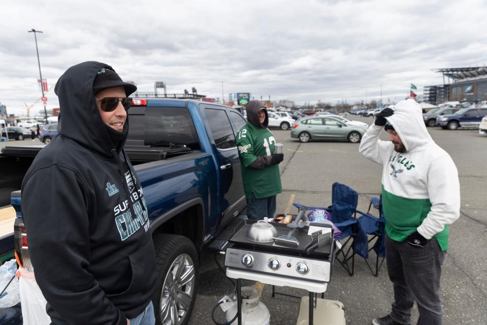 Brian DiPasqualantonio of Wilmington talks about love of the Eagles and tailgating. Fans for the Eagles-Giants playoff game show up early to tailgate and party across from Lincoln Financial Field in Philadelphia on January 21, 2023.