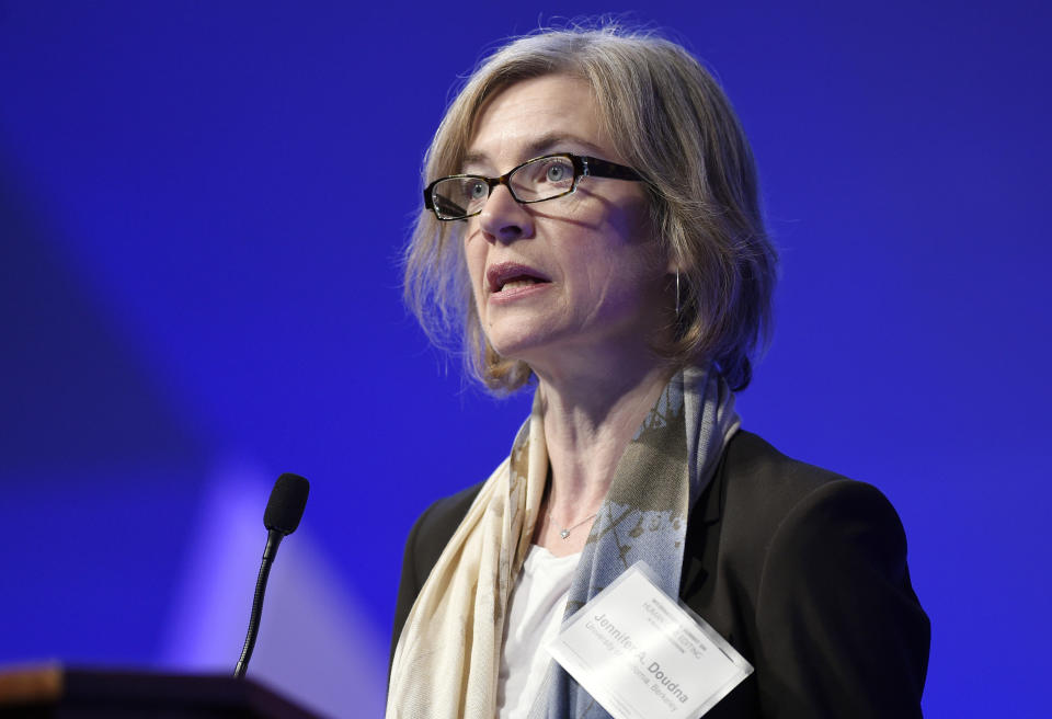 FILE - In this Dec. 1, 2015, file photo, Jennifer Doudna, a University of California, Berkeley, co-inventor of the CRISPR gene-editing tool that He Jiankui used, speaks at the National Academy of Sciences international summit on the safety and ethics of human gene editing, in Washington. The 2020 Nobel Prize for chemistry has been awarded to Emmanuelle Charpentier and Jennifer Doudna “for the development of a method for genome editing.” A panel at the Swedish Academy of Sciences in Stockholm made the announcement Wednesday Oct. 7, 2020. (AP Photo/Susan Walsh, File)