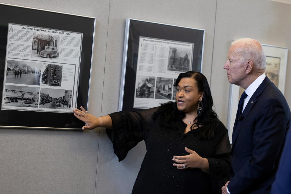 President Joe Biden tours the Greenwood Cultural Center during a visit to mark the centennial anniversary of the 1921 Tulsa race massacre in Tulsa, Oklahoma, U.S., June 1, 2021. (Carlos Barria/Reuters)