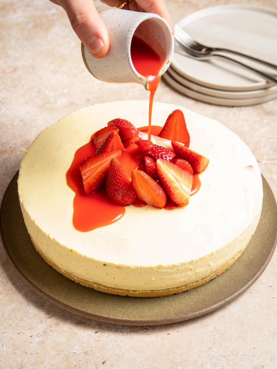 Tommy Banks’ strawberry and basil cheesecake features a no-bake shortbread base with a creamy basil-infused filling (Tommy Banks)