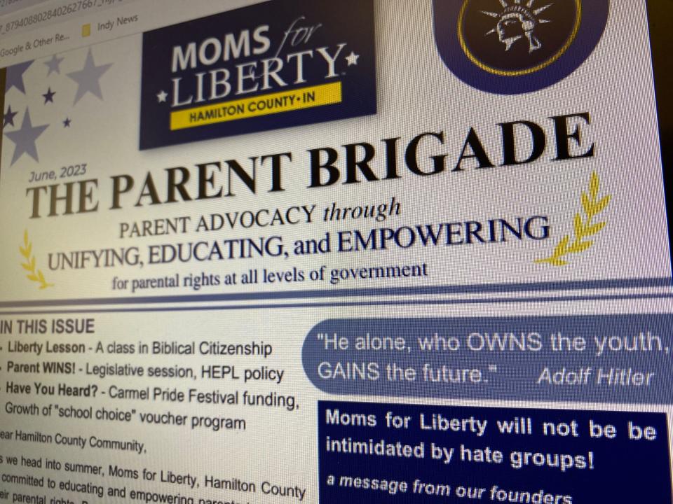 A screenshot of The Parent Brigade posted at 4:18 p.m. Wednesday. The newsletter was created by the Hamilton County chapter of Moms for Liberty, a national organization recently listed as an extremist group by the Southern Poverty Law Center. June 21, 2023.
