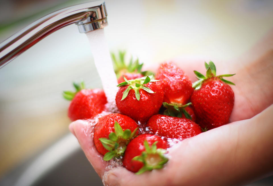 Unrecognizable adult caucasian woman holding handful of fresh strawberries and washing under running water from kitchen tap. Strawberries were hand picked by model one hour before shooting.