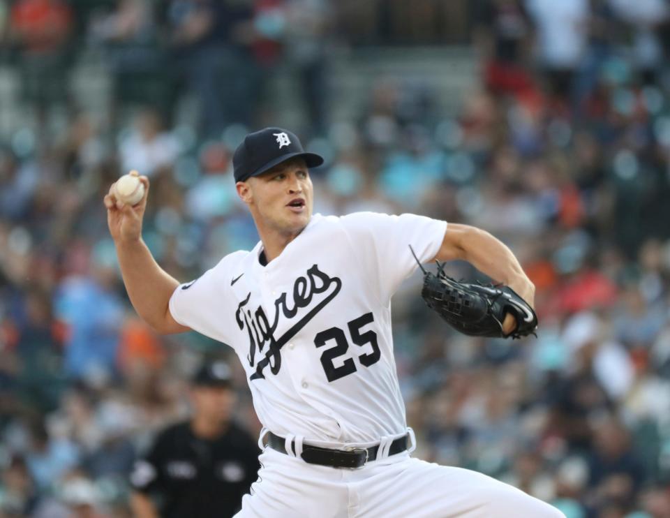 Detroit Tigers starter Matt Manning (25) pitches against the Los Angeles Angels during second-inning action at Comerica Park in Detroit on Friday, Aug. 19, 2022.