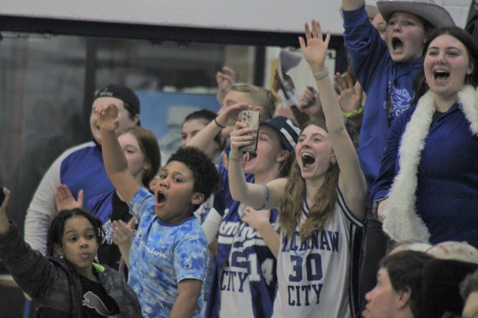 The Mackinaw City student section celebrates during the final stages of Wednesday's district win over Pellston.