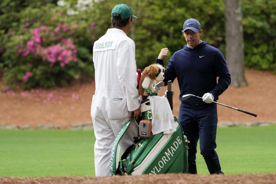 Apr 3, 2023; Augusta, Georgia, USA; Rory McIlroy talks with his caddie, Harry Diamond, on the no. 13 fairway during a practice round for The Masters golf tournament at Augusta National Golf Club. Mandatory Credit: Michael Madrid-USA TODAY Network

Pga The Masters Practice Round