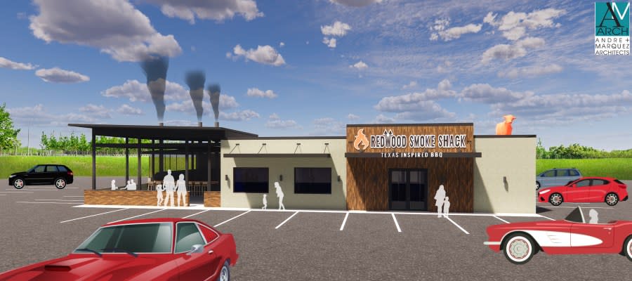 A rendering of Redwood Smoke Shack’s Suffolk location at the former Bennett’s Creek Farm Market. Owner Bob Roberts said “Betsy” the iconic cow on the roof will be painted orange, but remain standing watch over Bridge Road. (Courtesy: Redwood Smoke Shack.)