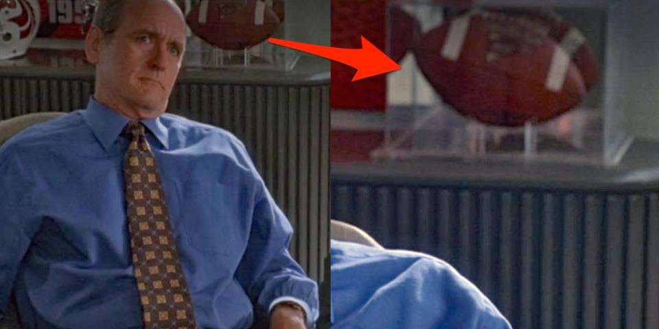 arrow pointing at football shifting positions in a scene from cheaper by the dozen