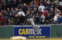 Jun 6, 2018; Boston, MA, USA; Detroit Tigers right fielder Nicholas Castellanos (9) misplays the ball during the eighth inning against the Boston Red Sox at Fenway Park. Mandatory Credit: Bob DeChiara-USA TODAY Sports