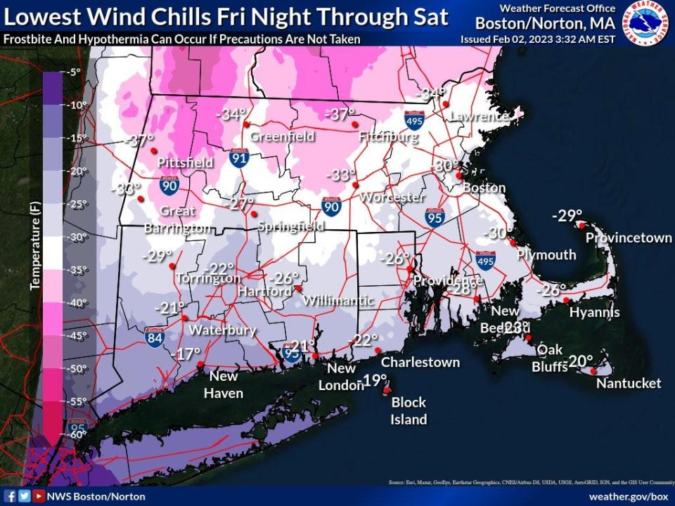 The National Weather Service Boston released this graphic showing dangerously cold wind chills in the region Friday night through Saturday.
