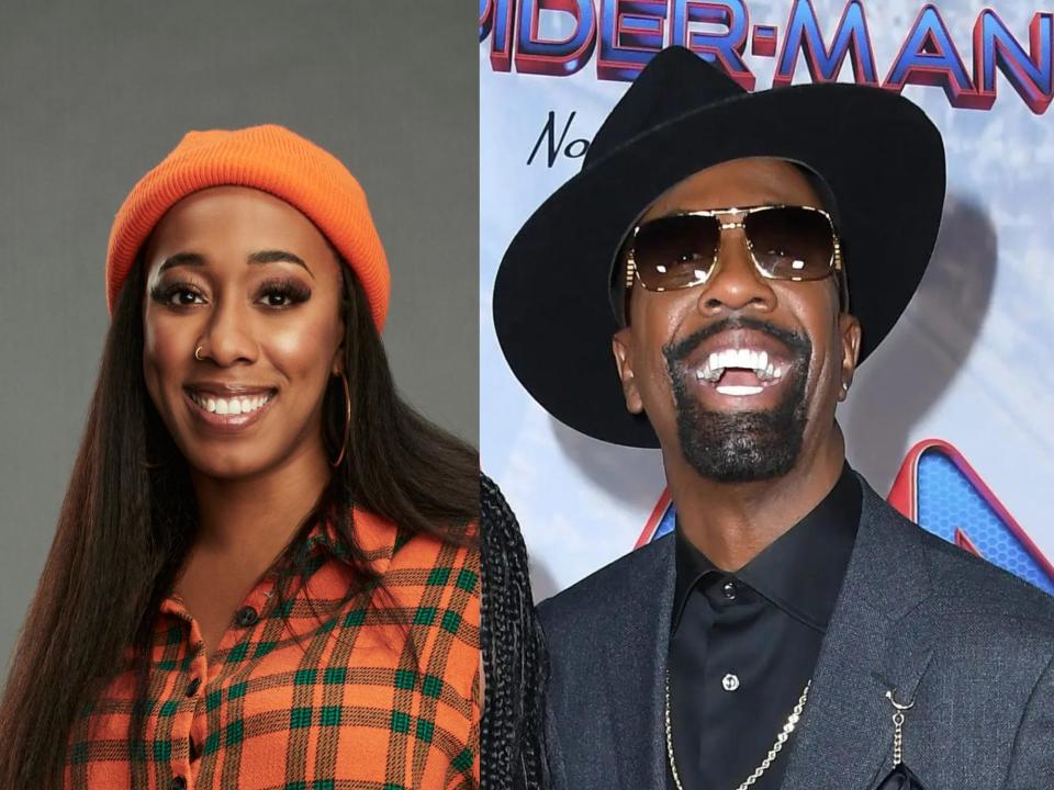 left: jerrica brooks, a young woman with long brown hair wearing an orange shirt and beanie smiling; right: jb smoove, a man smiling with sunglasses, a hat, and grey suit