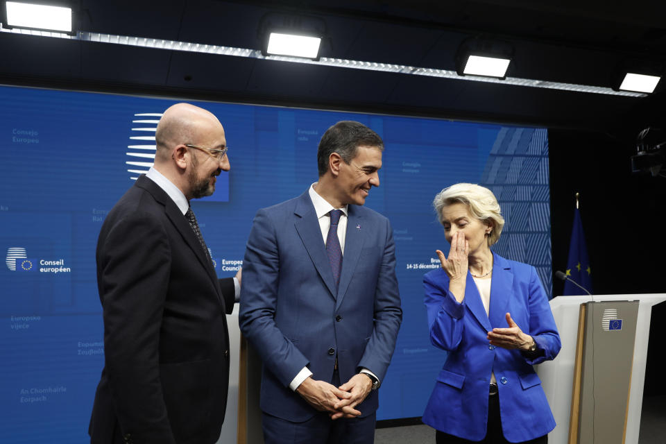 FILE - European Council President Charles Michel, Spain's Prime Minister Pedro Sanchez and European Commission President Ursula von der Leyen pose at a media conference at the conclusion of a European Union summit in Brussels, Friday, Dec. 15, 2023. The EU last week failed to agree on a $54 billion package in financial help that Ukraine desperately needs. (AP Photo/Omar Havana, File)