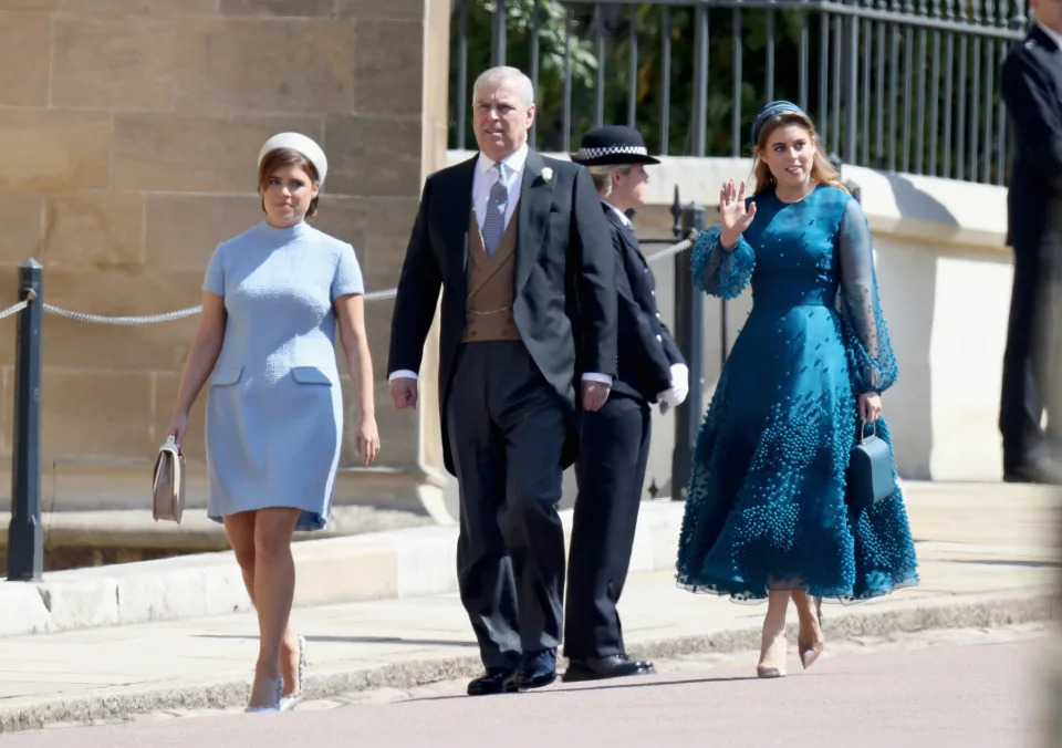 Princess Eugenie, Prince Andrew, Duke of York and Princess Beatrice attend the wedding of Prince Harry to Ms Meghan Markle at St George's Chapel, Windsor Castle on May 19, 2018 in Windsor, England. Prince Henry Charles Albert David of Wales marries Ms. Meghan Markle in a service at St George's Chapel inside the grounds of Windsor Castle. Among the guests were 2200 members of the public, the royal family and Ms. Markle's Mother Doria Ragland.  Chris Jackson/Pool via REUTERS