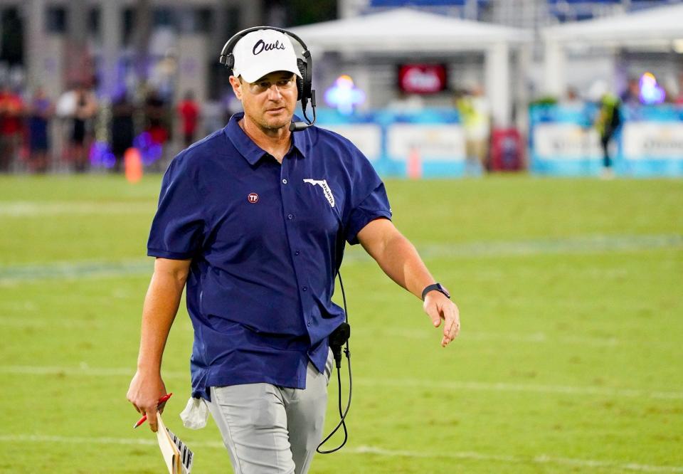 Florida Atlantic head coach Tom Herman watches his team during a 42-20 victory over Monmouth at FAU Stadium on Saturday, September 2, 2023, in Boca Raton, FL.