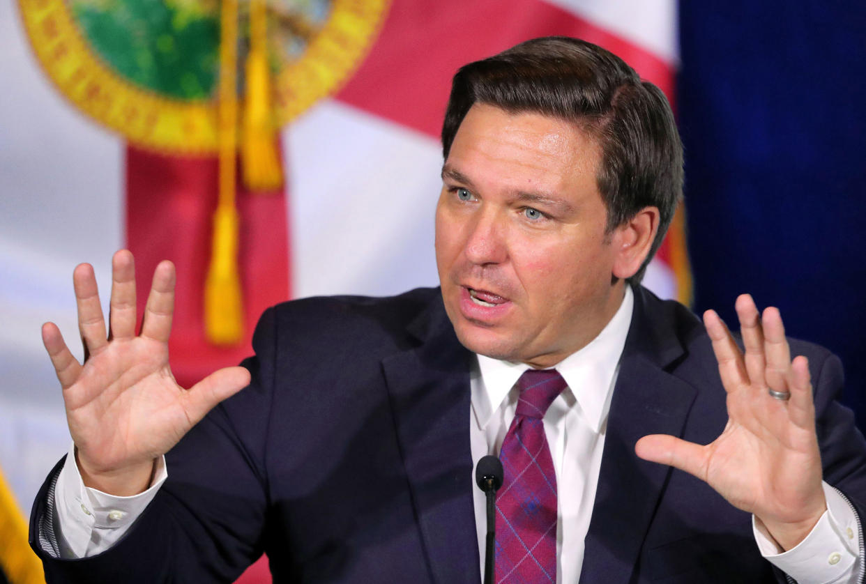 Florida Gov. Ron DeSantis delivers remarks during a roundtable discussion with theme park leaders about safety protocols and the impact of the coronavirus pandemic on Aug. 26, 2020, in Orlando. (Joe Burbank/Orlando Sentinel/Tribune News Service via Getty Images)
