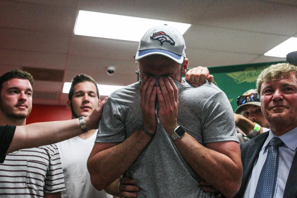 Paxton Lynch celebrates with family and friends being chosen by Broncos on the 1st round during NFL Draft day in Orange City on Thursday, April 28, 2016. News-Journal / LOLA GOMEZ