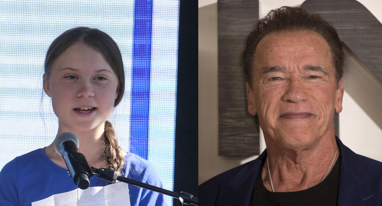 Greta Thunberg and Arnold Schwarzenegger (Photo by Joel C Ryan/Invision/AP)