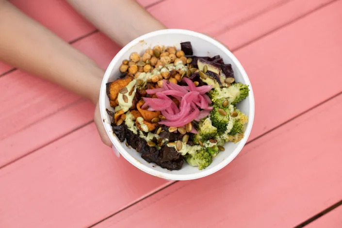 Veggie-based bowls can be a nutrient-dense meal at a vegan restaurant. (Photo: Pure Grit BBQ)