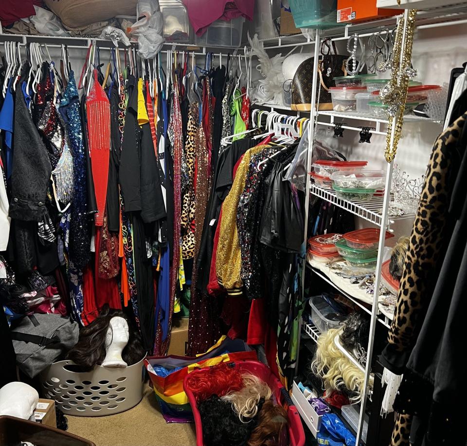 The inside of Duane William's closet, filled with drag queen regalia for his persona "Deanna Knight", is seen May 15, 2024.