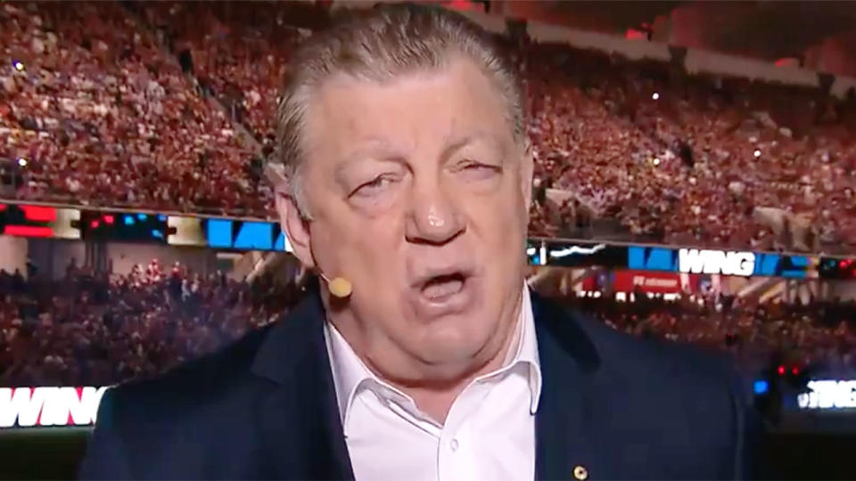 Pictured here, commentator Phil Gould speaking before State of Origin Game I.